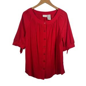 White Stag Top Women 1X Plus Size Red 3/4 Sleeve Peasant Modest Minimal Career